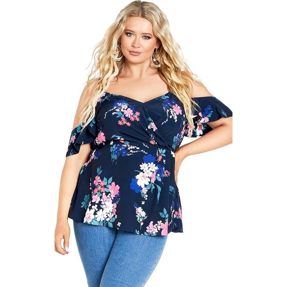 City Chic Kallie Floral Cold‎ Shoulder Wrap Top Navy Lotte Bouquet Size M NEW